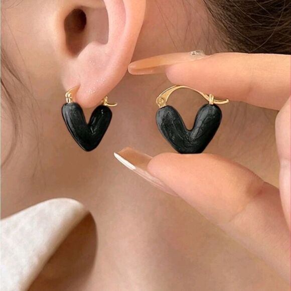3 For 26 -  Black Heart Dangle Hoop Earrings - Picture 3 of 5